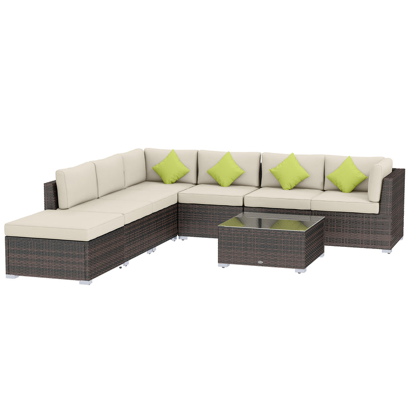 MCL 8 Piece Rattan Corner Sofa Set with Wide & Deep Seat, Assembled Aluminium PE Rattan Garden Furniture Set with Thick Cushions and Glass Top Table for Outdoor, Conservatory, Mixed Brown