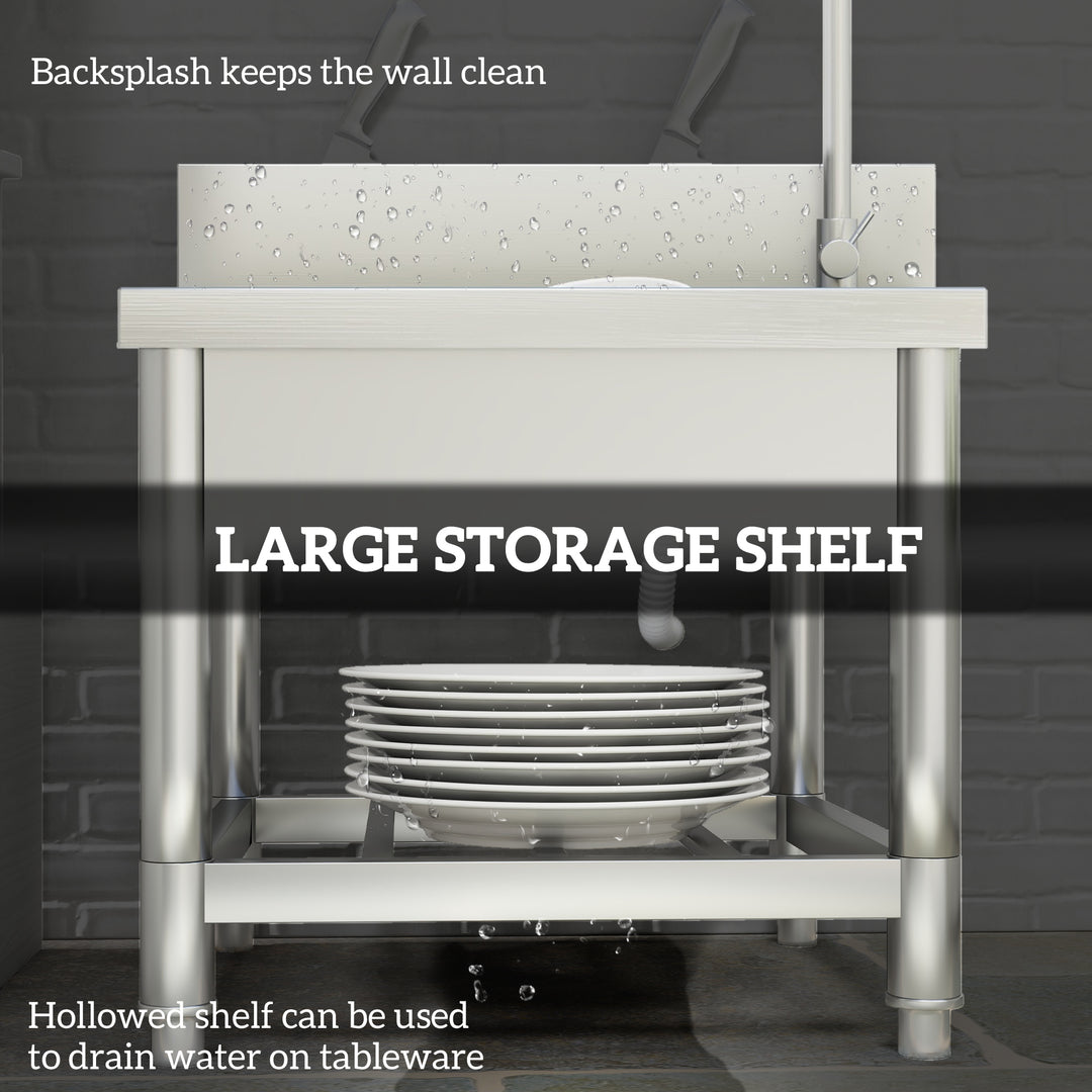 Outdoor Utility Sink, Stainless Steel Free Standing Single Bowl Kitchen Sink with Cold and Hot Water Pipe and Storage Shelf for Laundry Garage, 55 x 50 x 100 cm