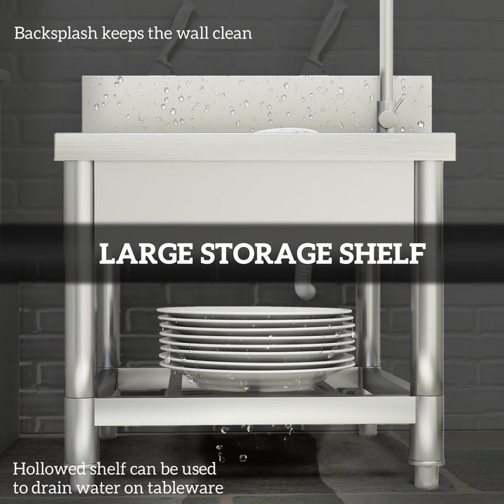 Outdoor Utility Sink, Stainless Steel Free Standing Single Bowl Kitchen Sink with Cold and Hot Water Pipe and Storage Shelf for Laundry Garage, 55 x 50 x 100 cm