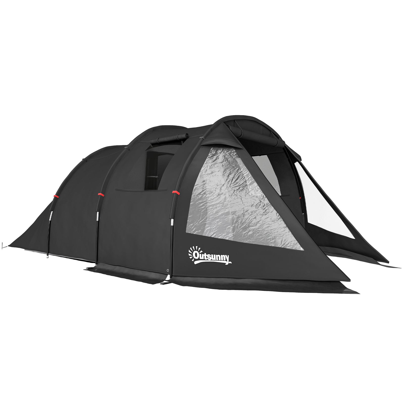 3-4 Man Tunnel Tent, Two Room Camping Tent with Windows, Portable Carry Bag, for Fishing, Hiking, Sports, Festival - Black