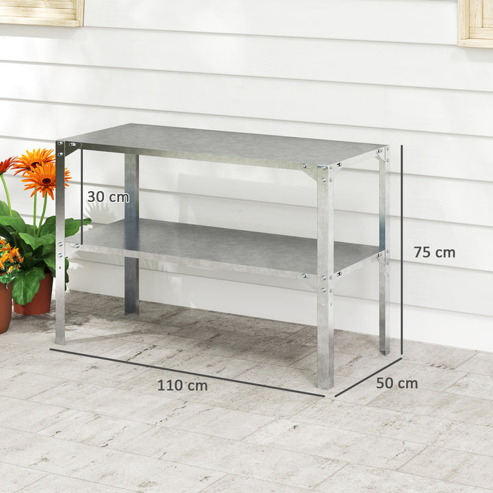 2 Tier Potting Bench Table, Galvanised Steel Garden Planting Work Bench Workstation with Storage Shelf for Outdoor, Patio, Greenhouse, 110 x 50 x 75 cm, Silver Tone