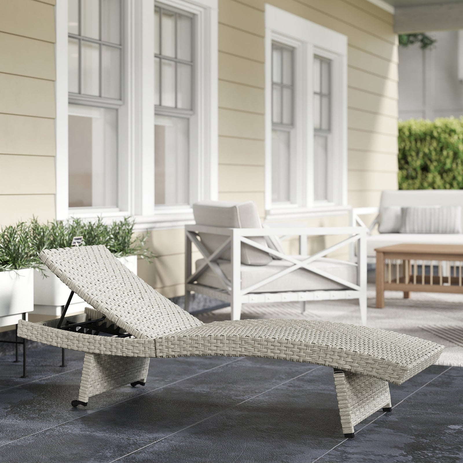 Outdoor PE Rattan Sun Lounger, Folding Wicker Garden Lounger Recliner with 4-Level Adjustable Backrest, Rolling Sunbed Lounge Chair with Wheels, Non-Slip Legs for Balcony, Beach, Grey