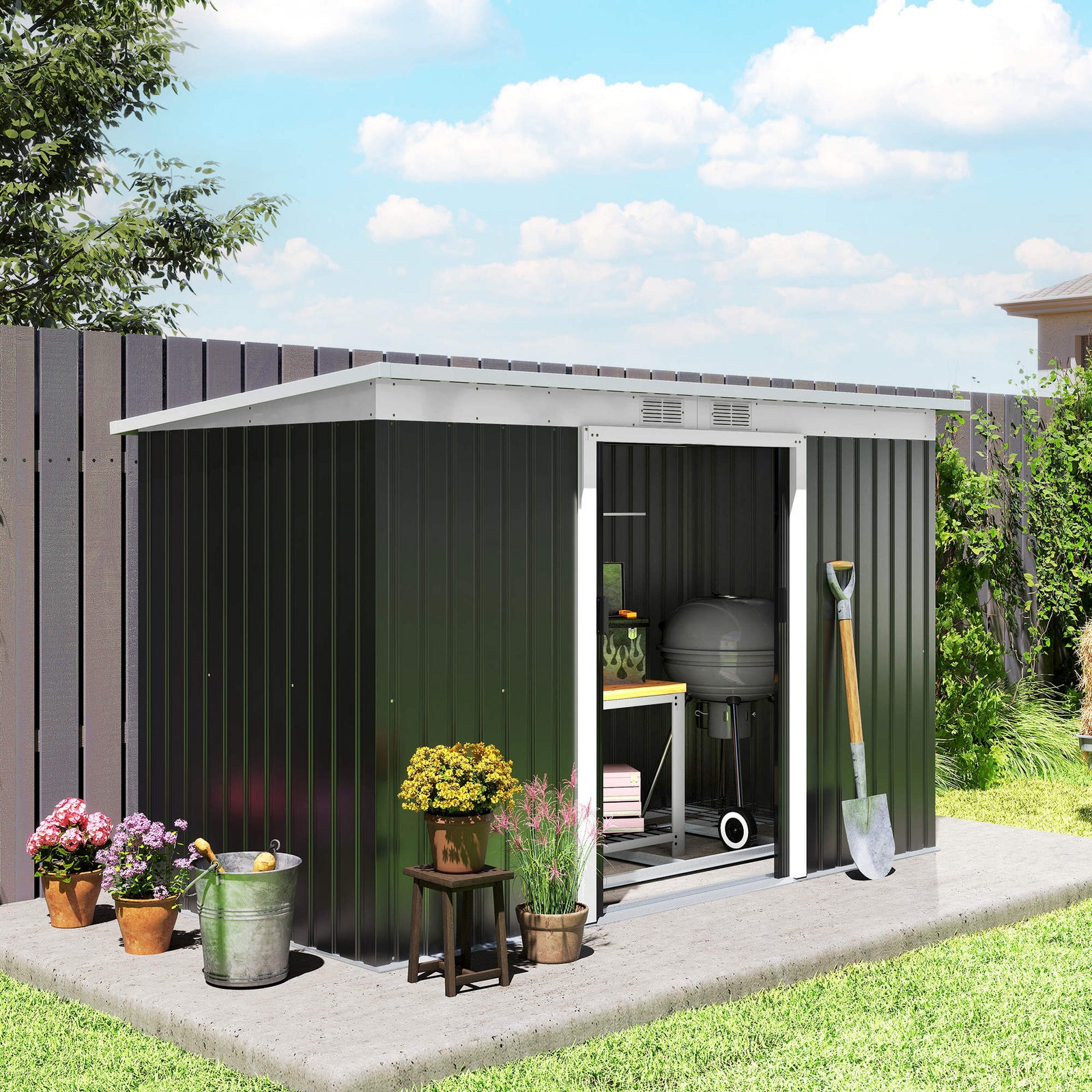 9ft x 4ft Metal Garden Shed, Outdoor Tool House with Foundation Kit, Ventilations and Double Doors, Dark Grey