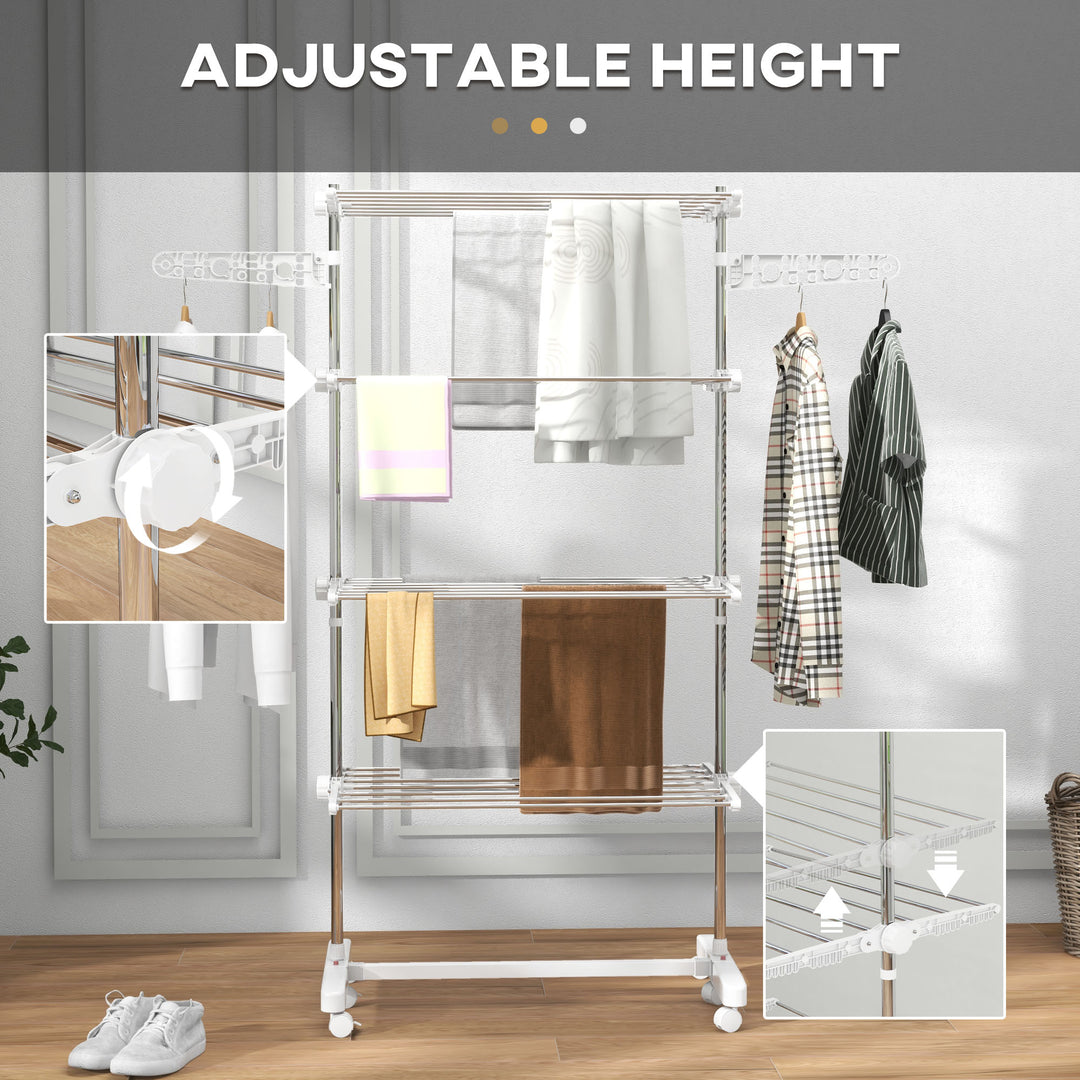Four-Shelf Collapsing Clothes Horse, With Side Arms and Wheels - White