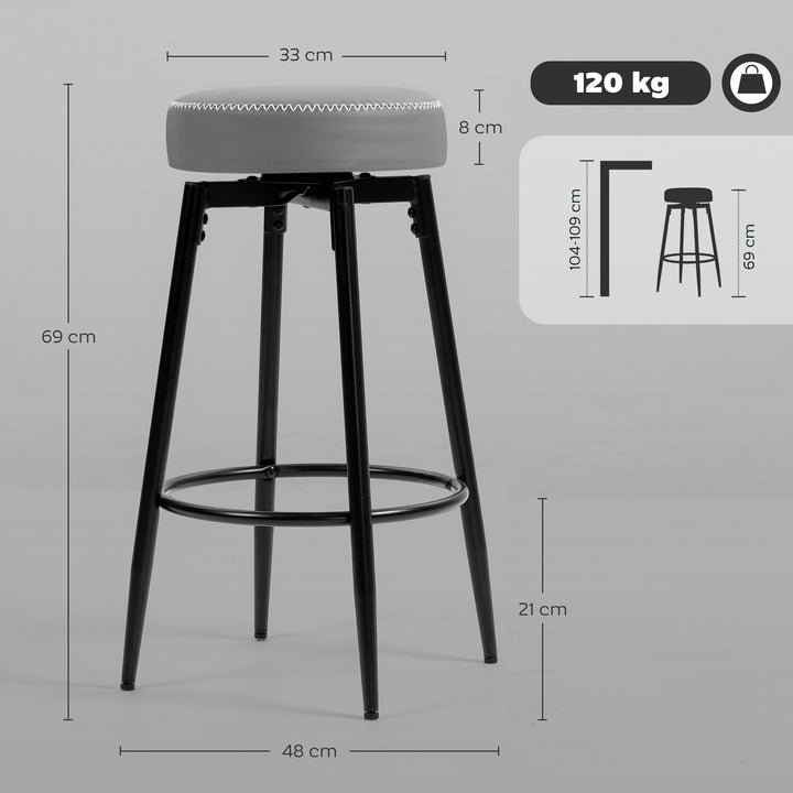 Set of Two Faux Leather Bar Stools - Grey/Black