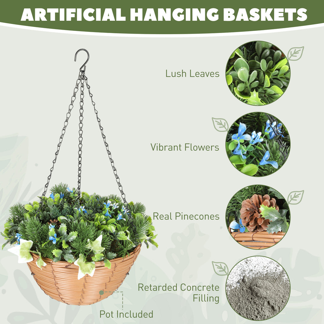 Artificial Flowers in Basket Set of 2, Artificial Hanging Baskets with PE Leaves, 18 Flowers and 3 Pinecones in Pot, Decorative Faux Plant for Home Office Decor, Green