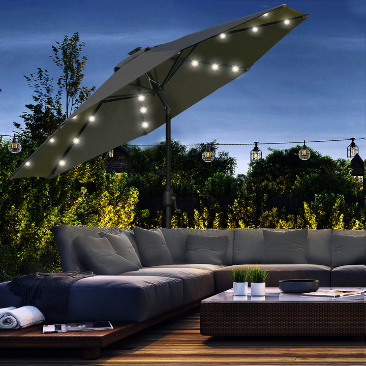 Outsunny Waterproof Patio Parasol with LED Lights, 2.7m Garden Umbrella in Grey, Push Button Tilt/Crank, 8 Rib Sun Shade for Outdoor Tables | Aosom UK