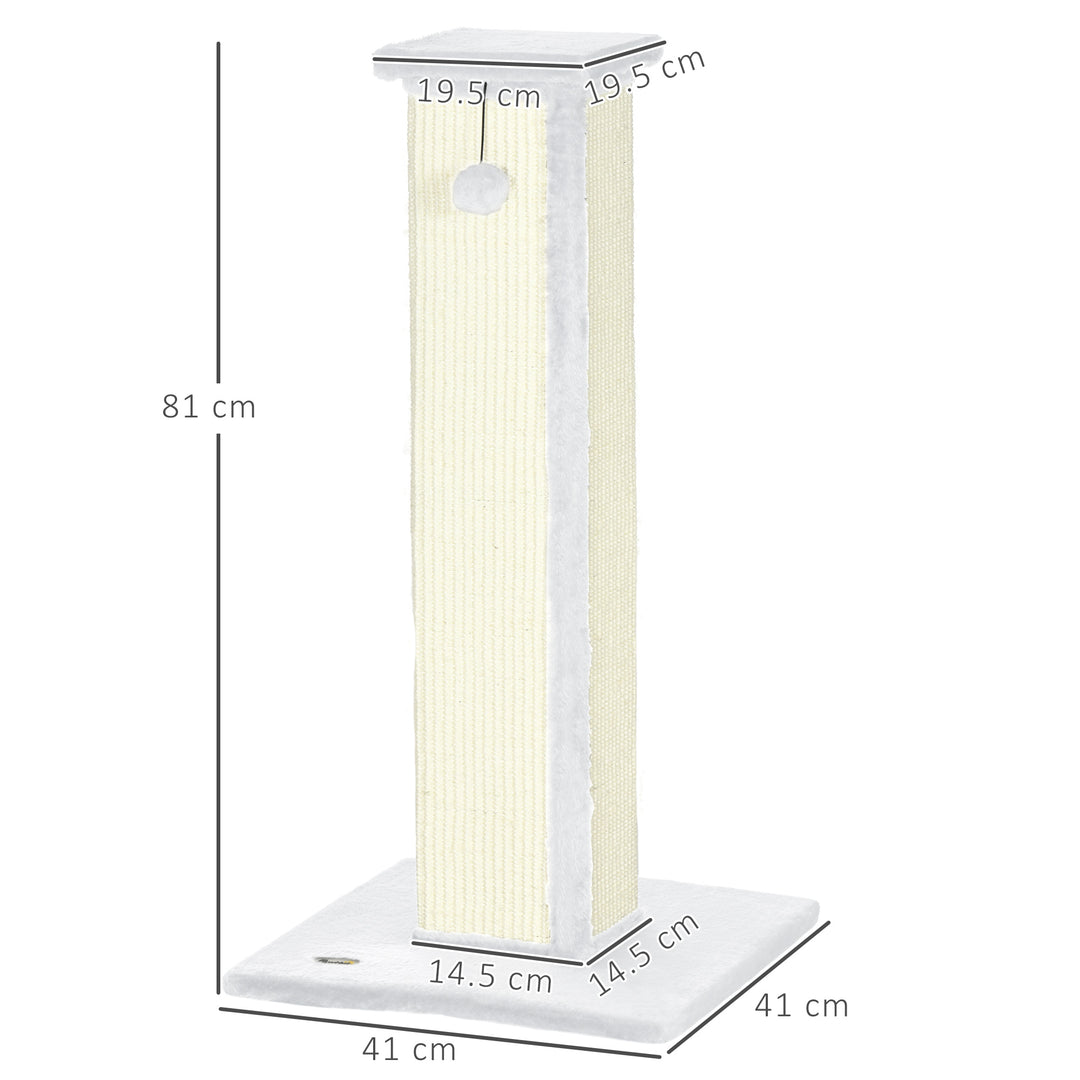 81cm Cat Scratcher, Vertical Full Scratcher w/ Natural Sisal Rope, Hanging Ball, Soft Plush - White