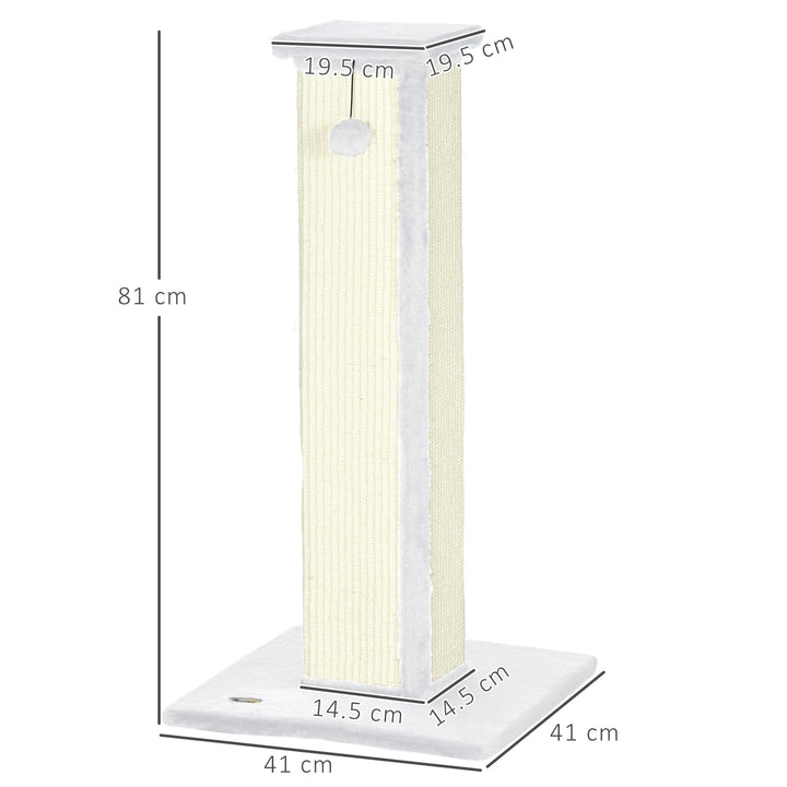 81cm Cat Scratcher, Vertical Full Scratcher w/ Natural Sisal Rope, Hanging Ball, Soft Plush - White