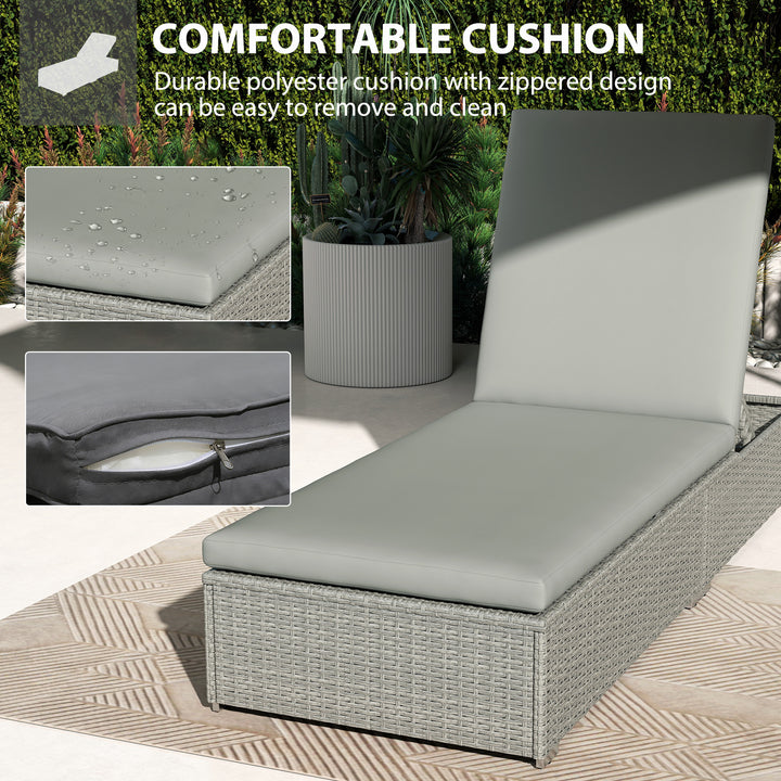 Rattan Sun Lounger, Five-Position Reclining Garden Lounger Bed with Cu