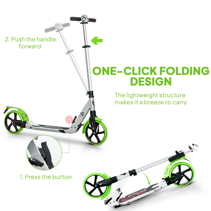 Folding Kick Scooter, Adjustable Ride On Scooter with 200mm Big Wheels and Double Shock Absorption, Urban Scooter for 14+ Teens Adult, Green