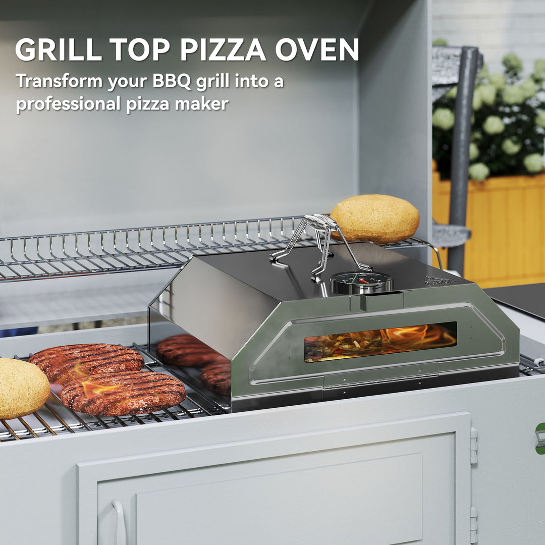 8 in Portable Stainless Steel BBQ Grill Top Pizza Oven with Built-in Thermometer and Viewing Window for Gas and Charcoal BBQ Grills, Includes Carry Handles, Pizza Stone and Peel, Silver Tone