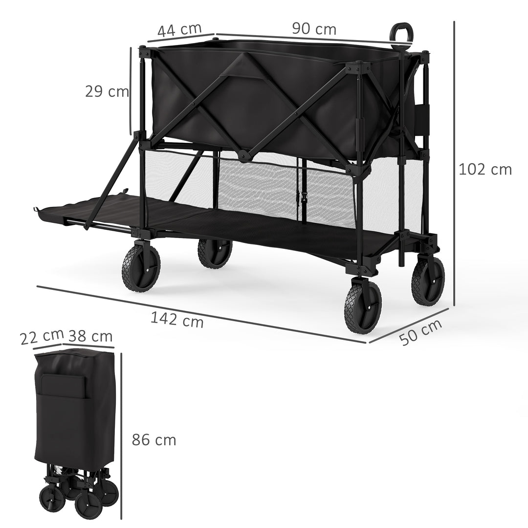 Double Decker Folding Festival Trolley on Wheels, 200KG & 350L Capacity Collapsible Wagon Festival Trolley Cart with 134cm Extended for Camping Sports Shopping Garden and Beach, Black