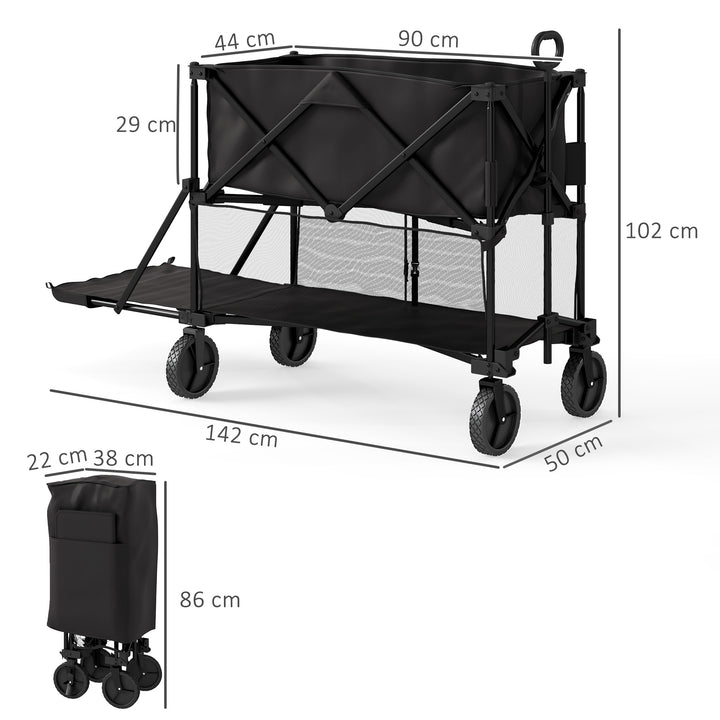 Double Decker Folding Festival Trolley on Wheels, 200KG & 350L Capacity Collapsible Wagon Festival Trolley Cart with 134cm Extended for Camping Sports Shopping Garden and Beach, Black