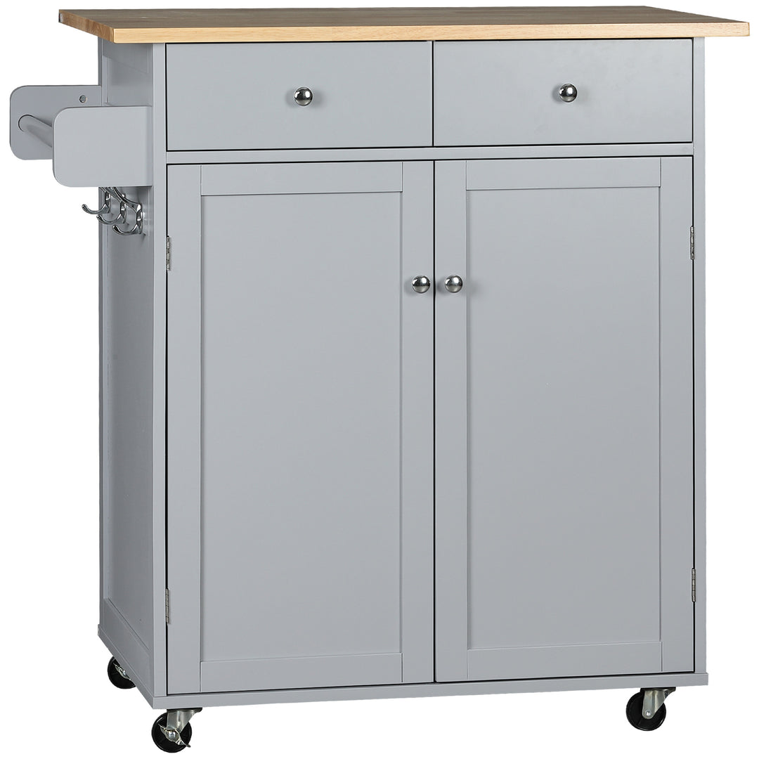 MCL Rolling Kitchen Island on Wheels, Utility Serving Cart with Rubber Wood Top, Towel Rack, Hooks and Storage Drawers, Grey