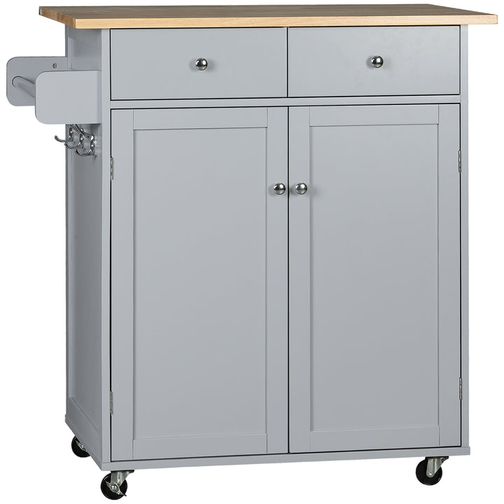 MCL Rolling Kitchen Island on Wheels, Utility Serving Cart with Rubber Wood Top, Towel Rack, Hooks and Storage Drawers, Grey