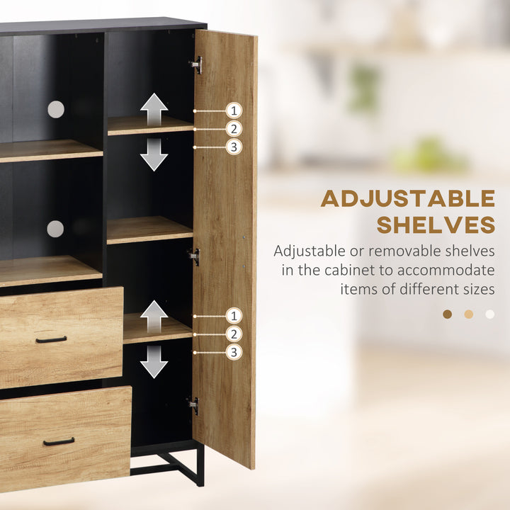 Kitchen Cupboard, Freestanding Storage Cabinet with Soft Close Door, Microwave Stand with Adjustable Shelves and Drawers, for Living Room, Dining Room, 160cm, Natural and Black