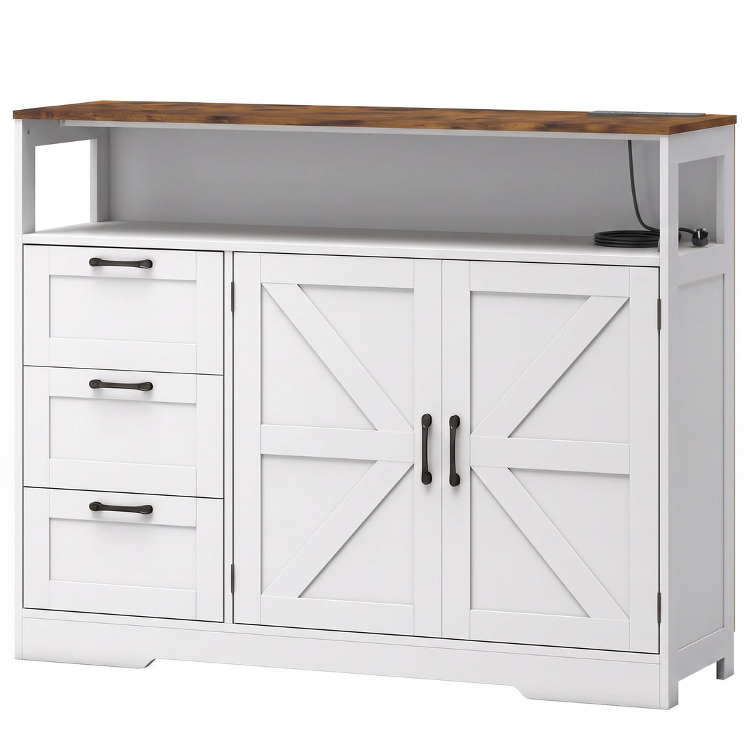 Sideboard Cabinet with Power Outlet, Farmhouse Kitchen Cabinet with 3 - White