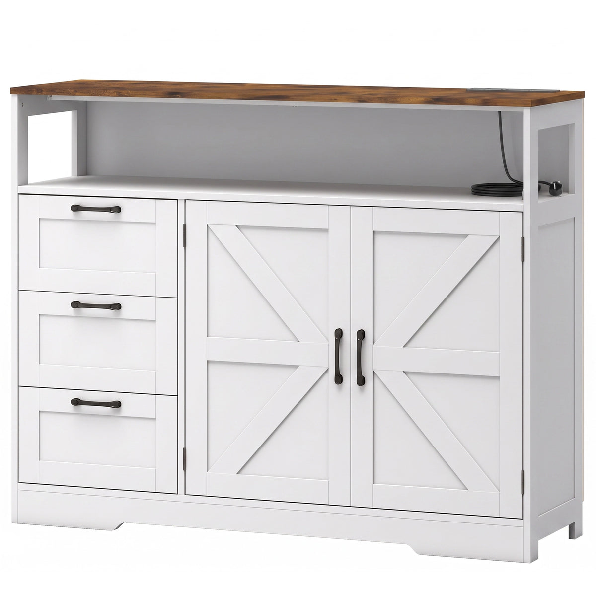 Sideboard Cabinet with Power Outlet, Farmhouse Kitchen Cabinet with 3 - White