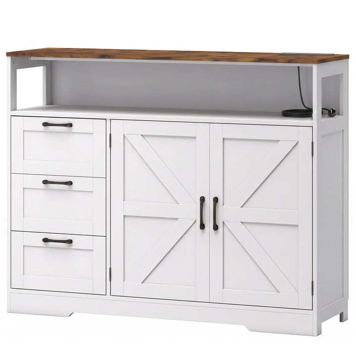 Sideboard Cabinet with Power Outlet, Farmhouse Kitchen Cabinet with 3 - White