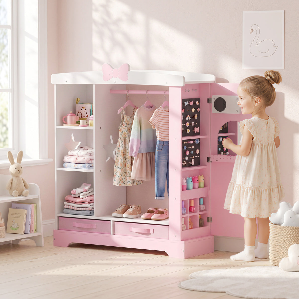 Kids Wardrobe with Lighted Mirror, Clothes Rail, Jewelry Cabinet - view 2