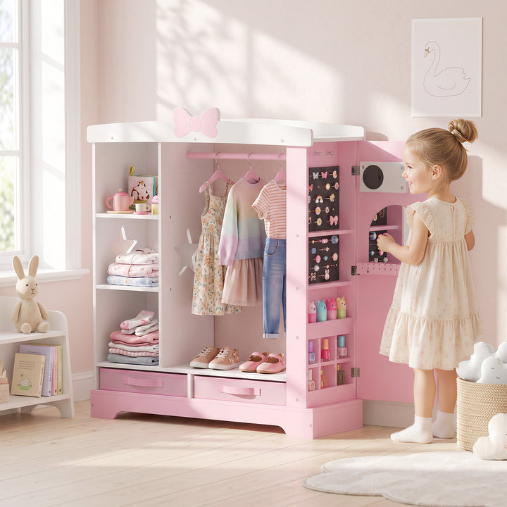 Kids Wardrobe with Lighted Mirror, Clothes Rail, Jewelry Cabinet - view 2