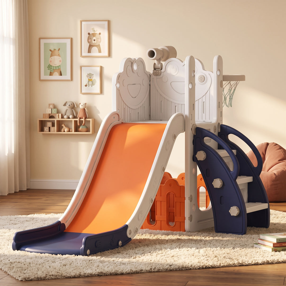 5 in 1 Kids Slide Set with Basketball Hoop, Climbing Frame, Telescope,