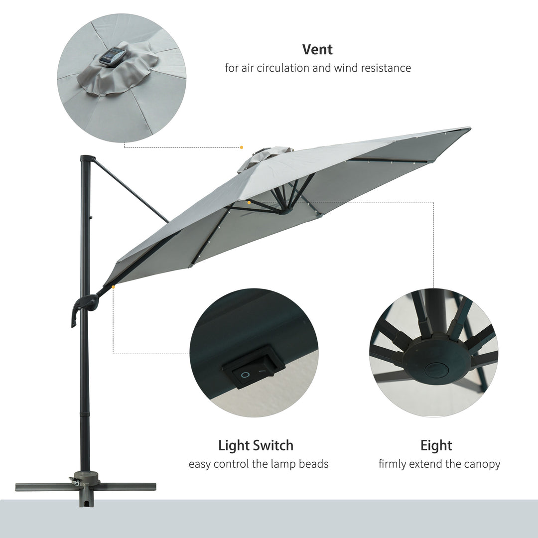 3(m) LED Cantilever Parasol Garden Sun Umbrella w/ Cross Base and Solar Lights Grey