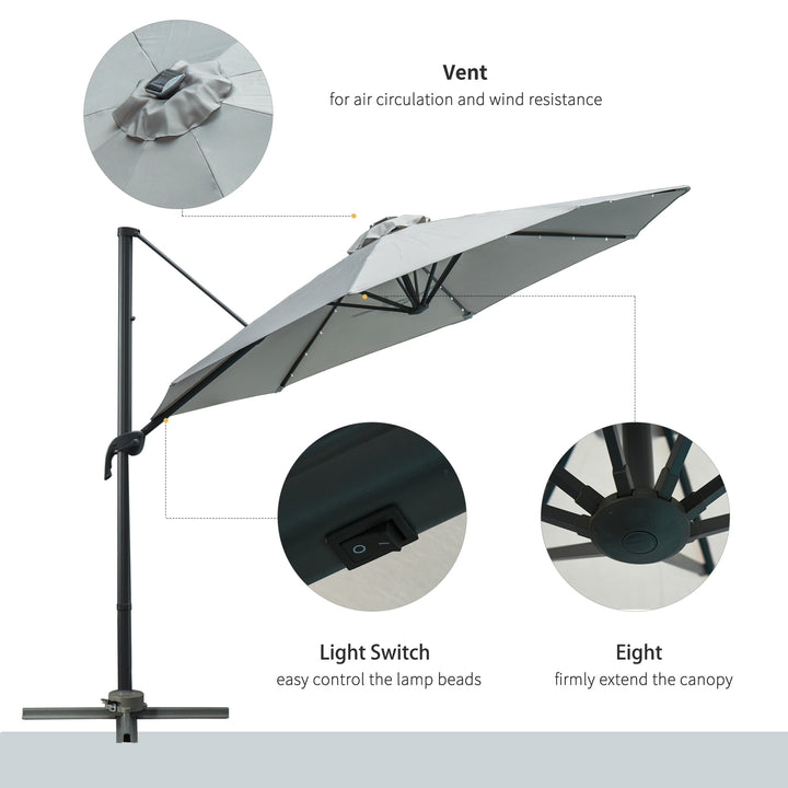 3(m) LED Cantilever Parasol Garden Sun Umbrella w/ Cross Base and Solar Lights Grey