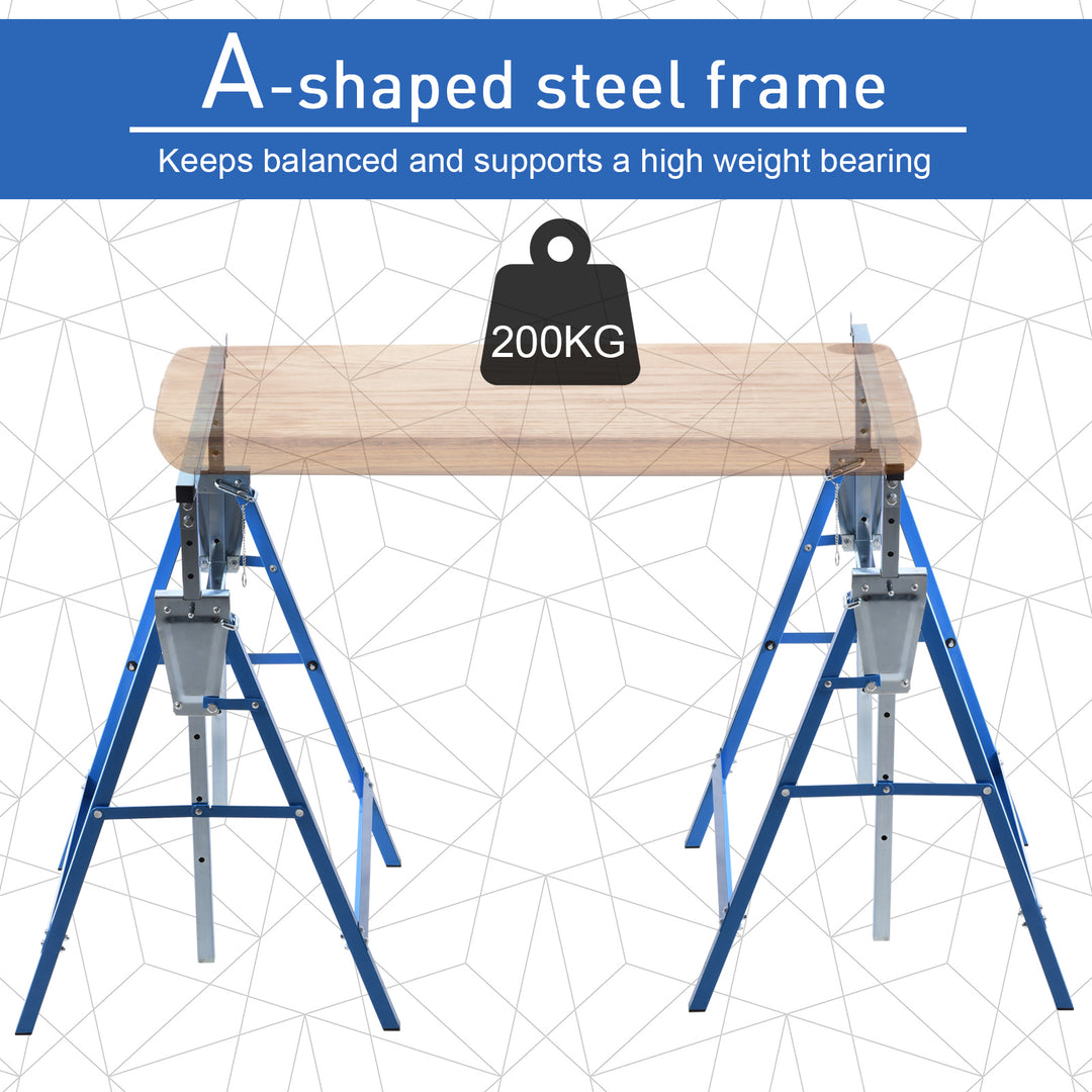 Set of 2 Adjustable Telescopic Builders Trestle, DIY Steel Work Bench Carpenter, Folding Saw Horse Tools Blue