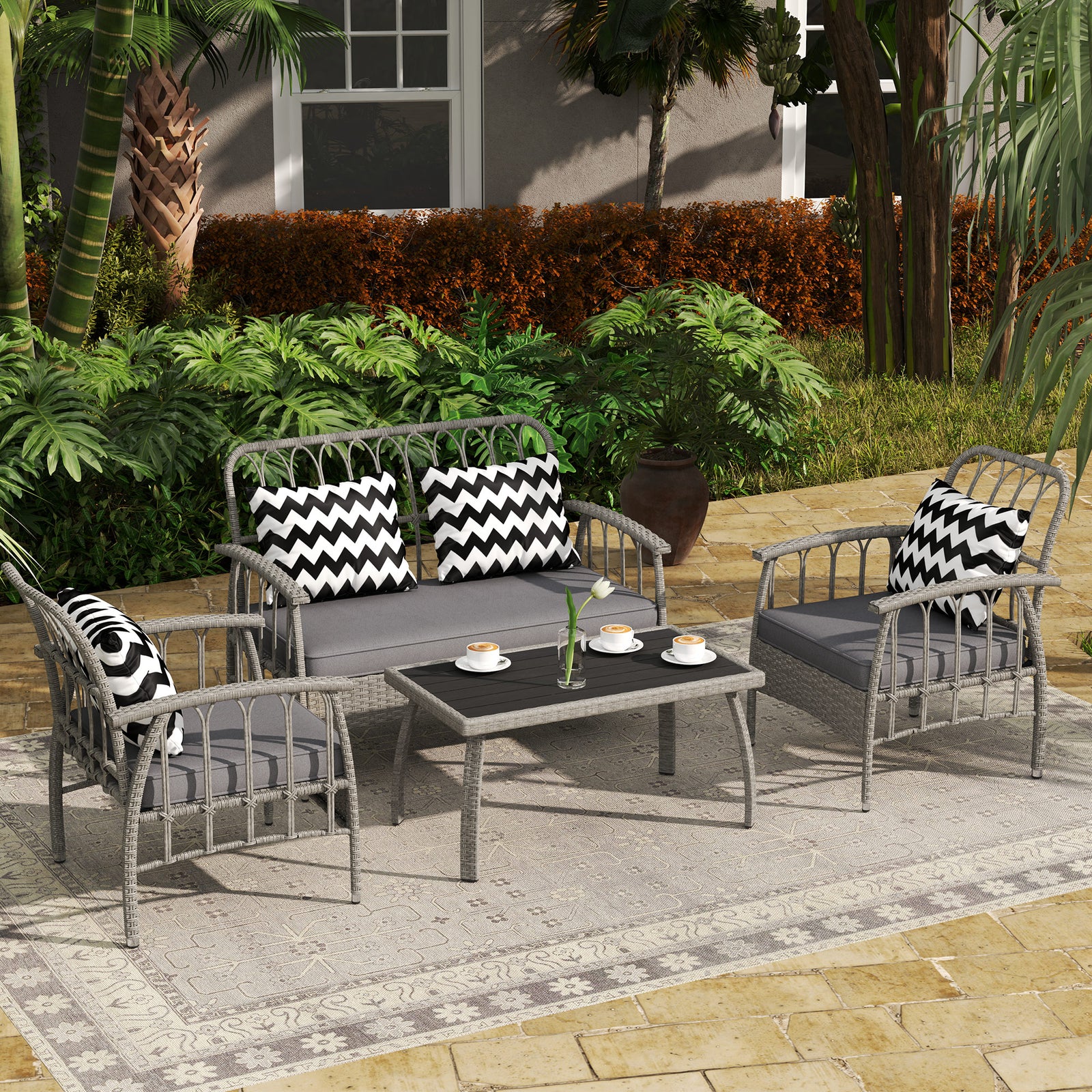 Four-Piece Rattan Cut-Out Sofa Set - Grey