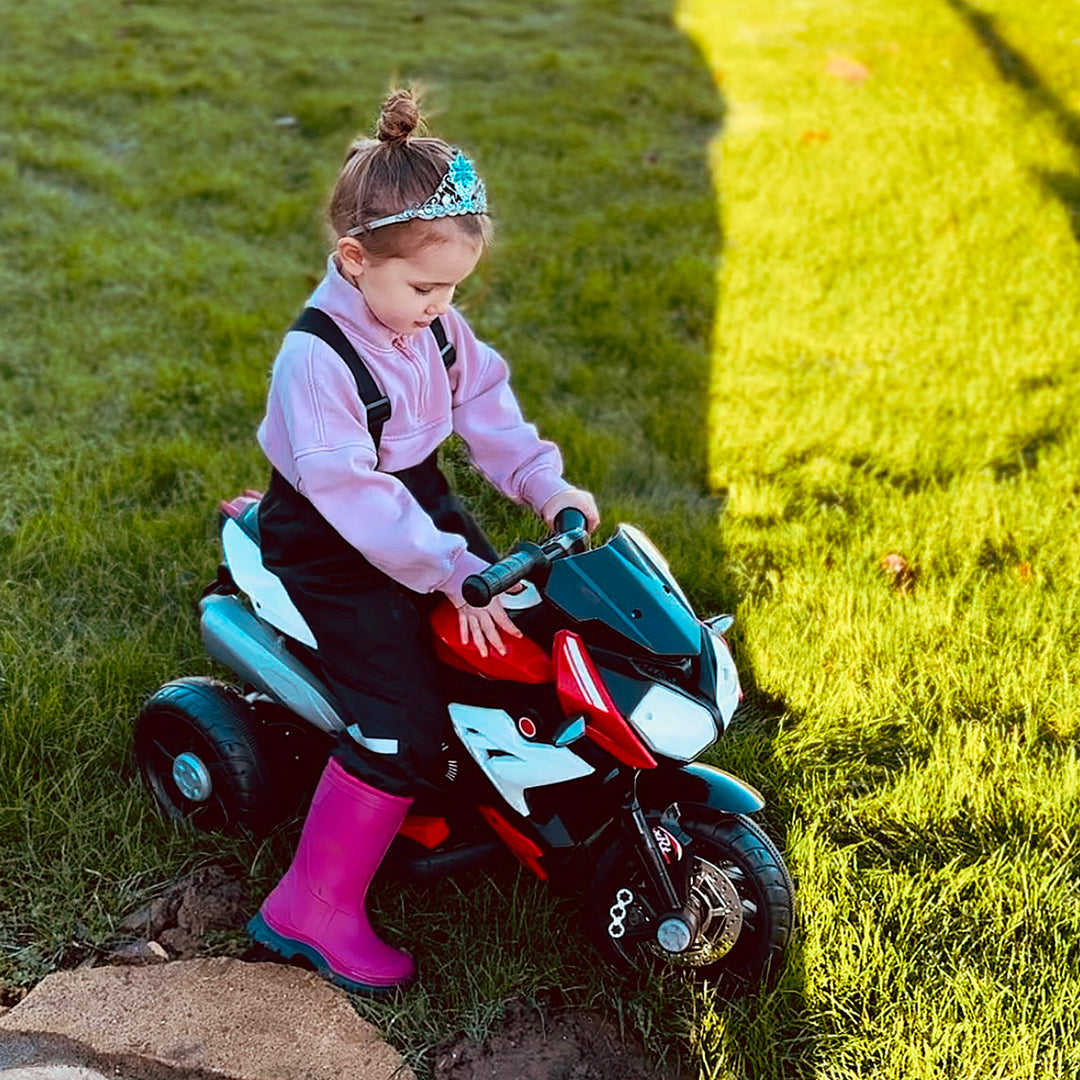 MCL Kids Electric Motorcycle Ride-On Toy, with Three Wheels, Music, Horn, Lights, Red