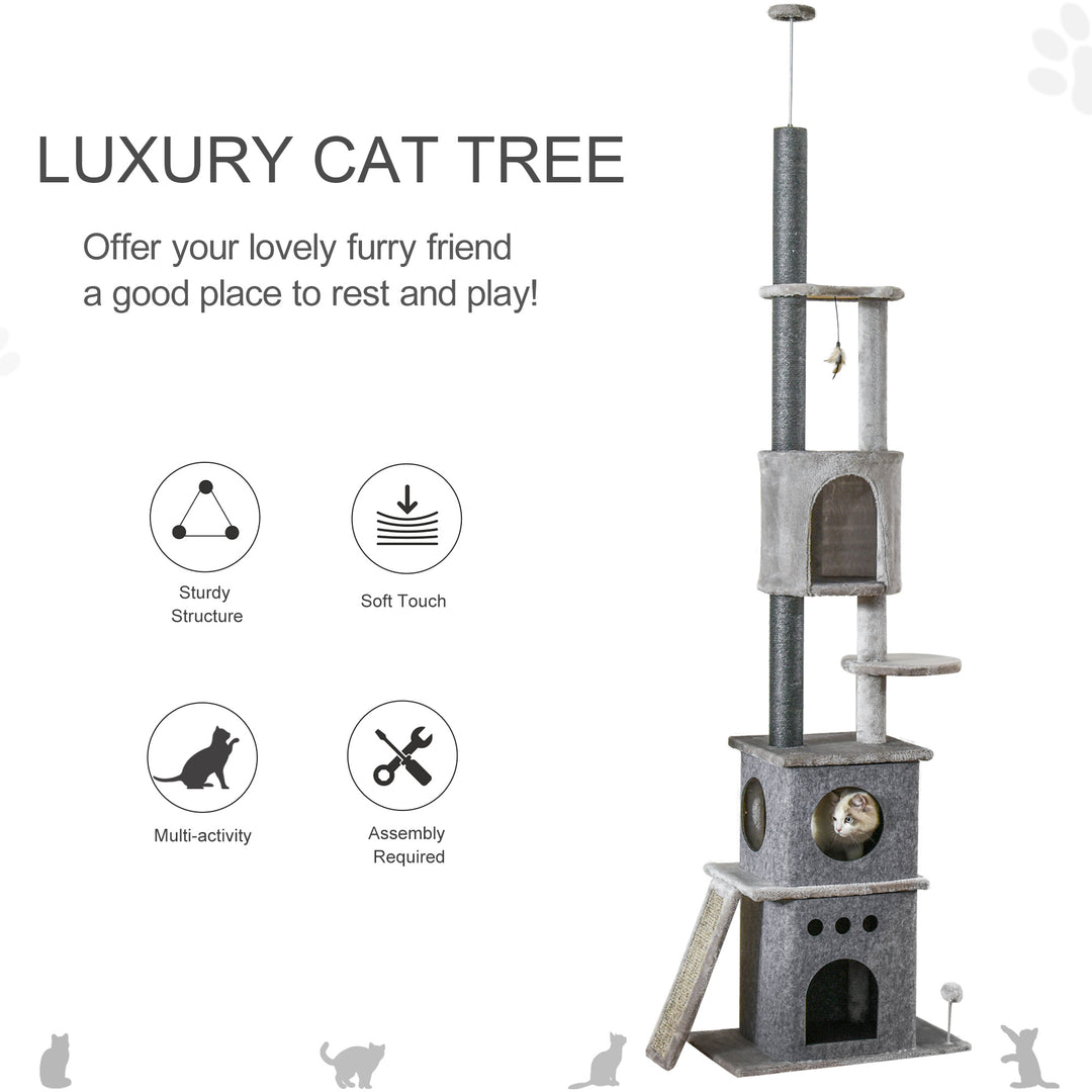 PawHut Cat Climbing Tree 255cm Adjustable Kitty Activity Centre Floor-to-Ceiling Climber with Double Condo, Play Rest Post, Light Grey | Aosom UK