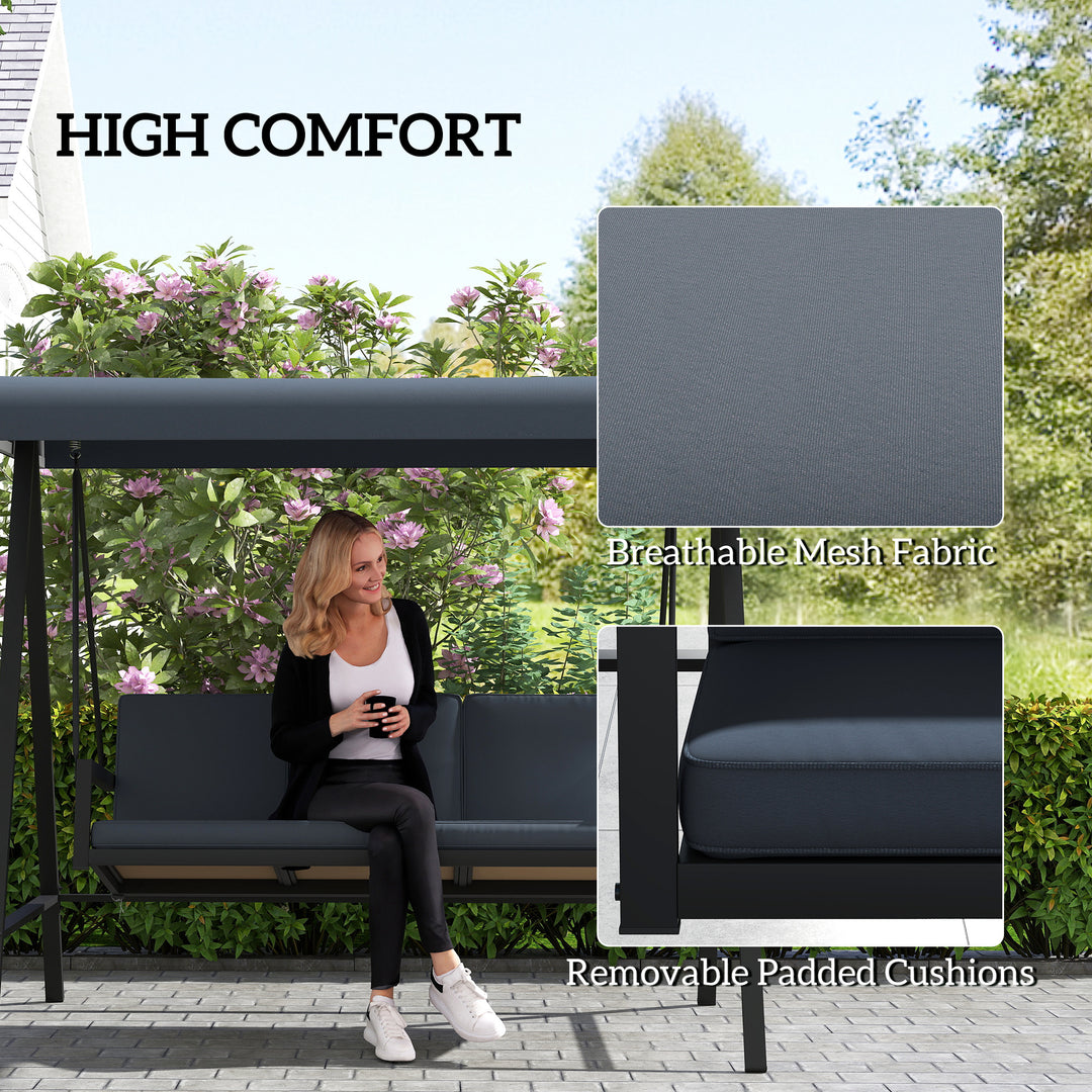Three-Seat Garden Swing Chair, with Adjustable Canopy - Dark Grey