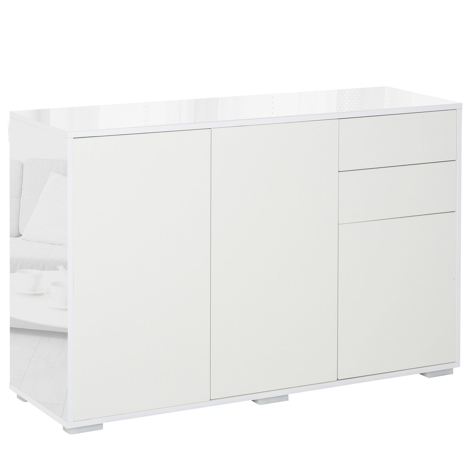High Gloss Side Cabinet, Push-Open Design with 2 Drawers and 2 Cabinets for Living Room, 74H x 117W x 36Dcm, White