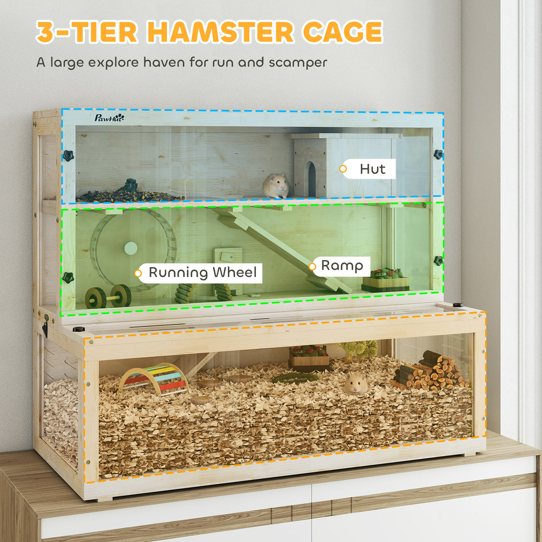 Wooden Hamster Cage with Hut, Wheel, Ramps, Removable Viewing Panels, 