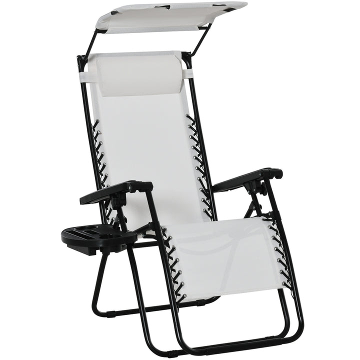 Zero Gravity Garden Folding Patio Sun Lounger w/Cup Holder & Canopy Shade White