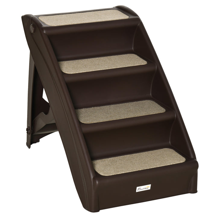 PawHut Foldable Pet Stairs, 4-Step for Cats Small Dogs with Non-slip Mats, 62 x 38 x 49.5 cm, Dark Brown | Aosom UK