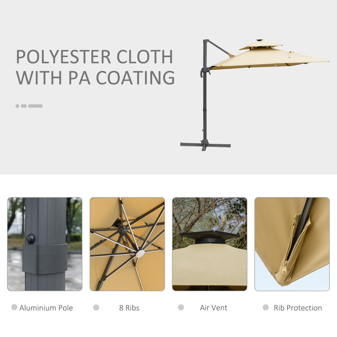 3m Cantilever Parasol, Outdoor Offset Patio Umbrella, Solar LED Lighted Hanging Sun Shade Canopy with Tilt and Crank Handle, Cross Base for Lawn, Khaki