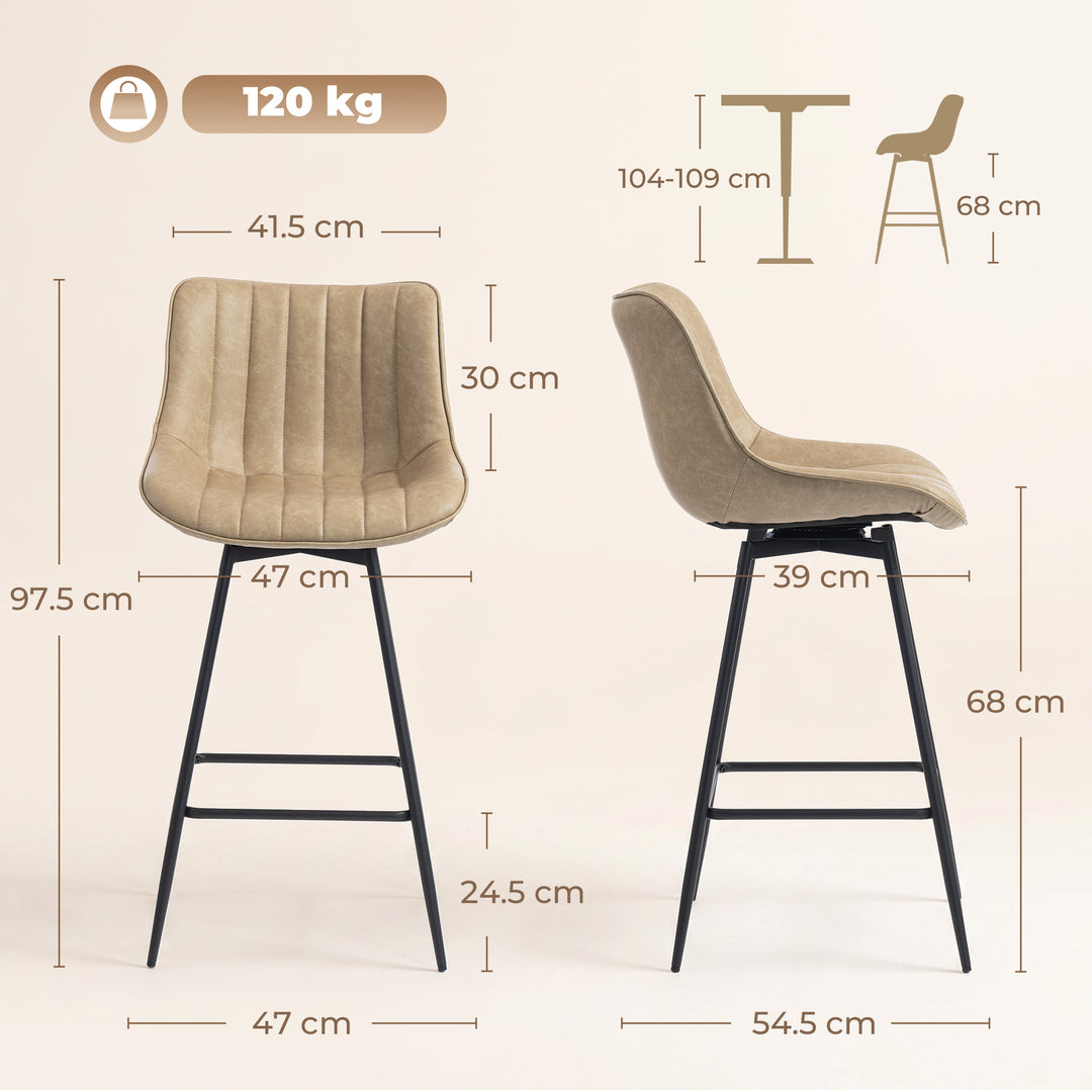 Set of 2 PU Leather Swivel Bar Stools - Light Brown