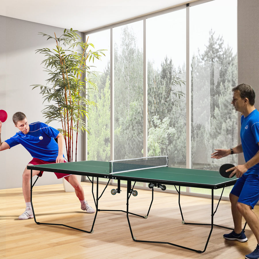 SPORTNOW 9FT Folding Tennis Table, with 8 Wheels, for Indoor Use, Green
