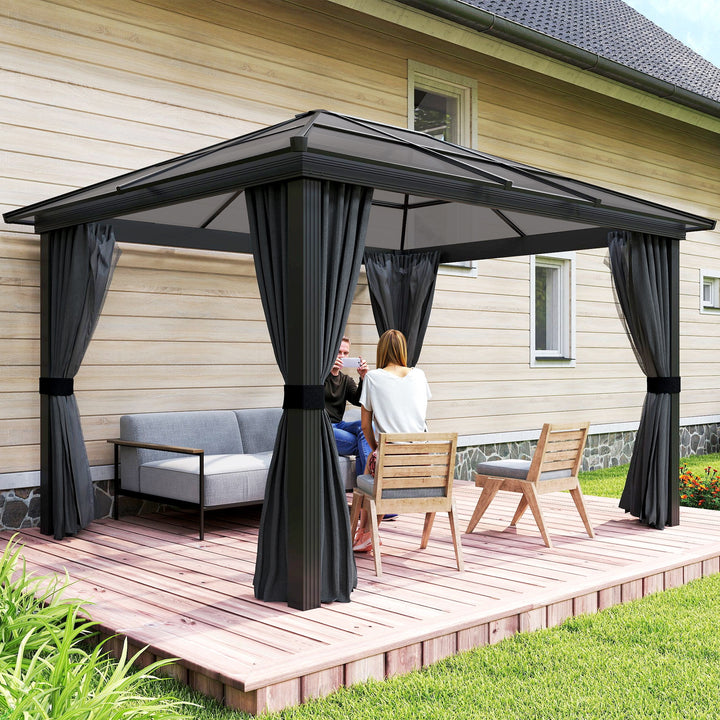 3 x 3.6m Hardtop Gazebo Canopy with Polycarbonate Roof, Aluminium Frame, Permanent Pavilion Garden Gazebo with Netting and Curtains for Patio, Deck, Dark Grey