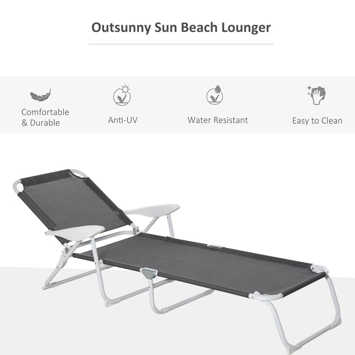 Foldable Sun Lounger, Outdoor 4 Level Adjustable Backrest Reclining Lounge Chair with Armrests for Patio, Garden, Dark Grey
