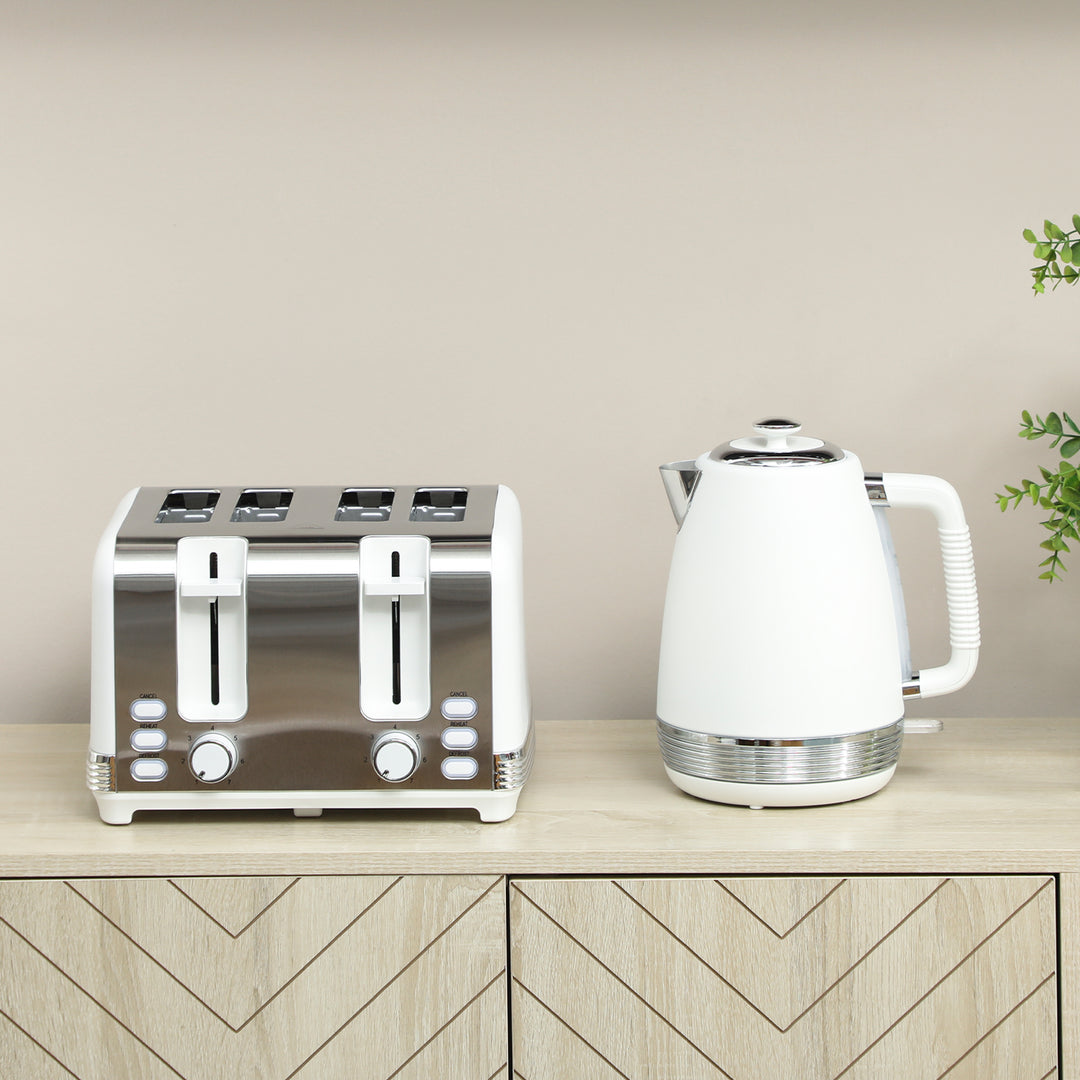 Stainless Steel Kettle and Toaster Set, 1.7L 3000W Rapid Boil Jug Kettle with UK Strix Thermostat, Limescale Filter, 4 Slice Toaster with 7 Browning Controls, Crumb Tray, White and Silver Tone