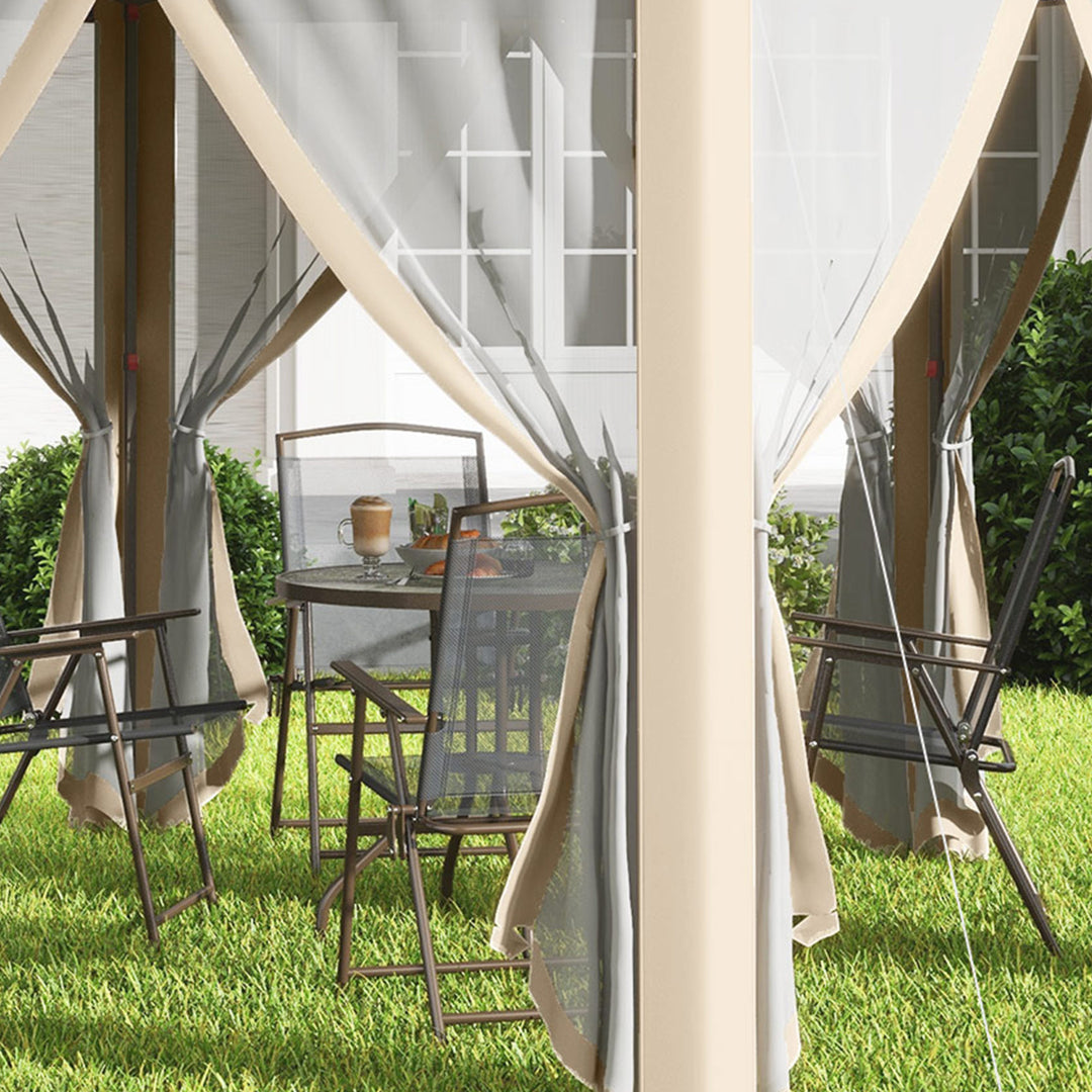 MCL Hexagon Pop Up Gazebo Outdoor Patio Gazebo Double Roof Instant Shelter with Netting, 3 x 4m, Khaki