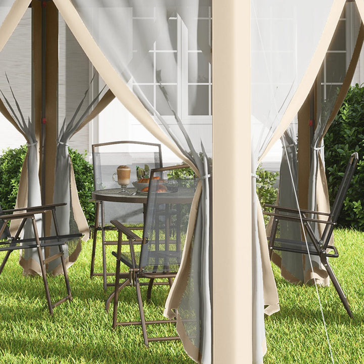 MCL Hexagon Pop Up Gazebo Outdoor Patio Gazebo Double Roof Instant Shelter with Netting, 3 x 4m, Khaki