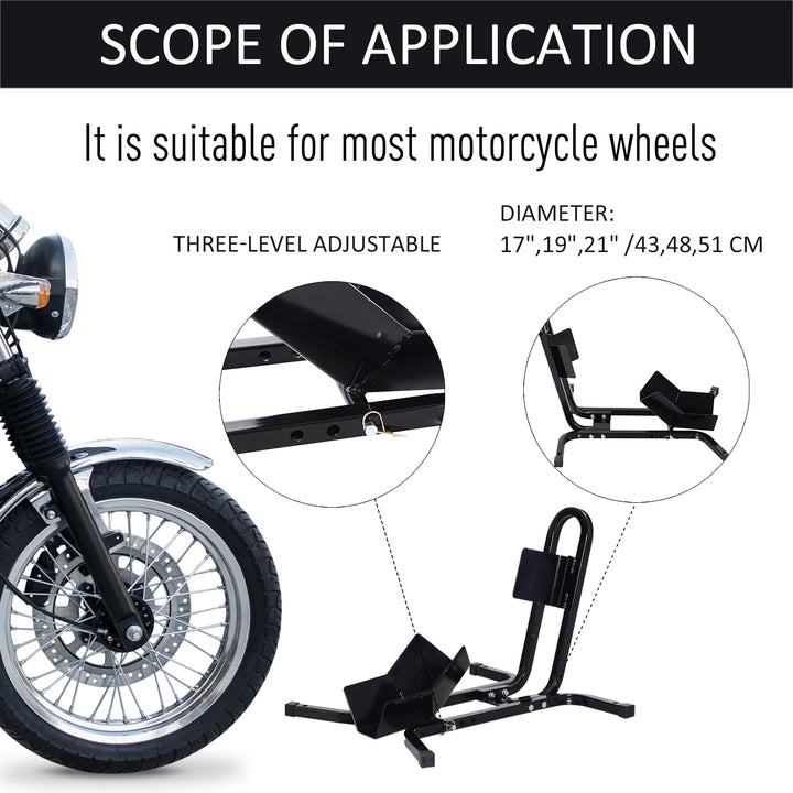 Metal Motorcycle Motorbike Wheel Chock Locking Stand System 17”,19”,21”/43,48,51 Cm Front Wheels Steel Adjustable Fixing Tyre Holder Support