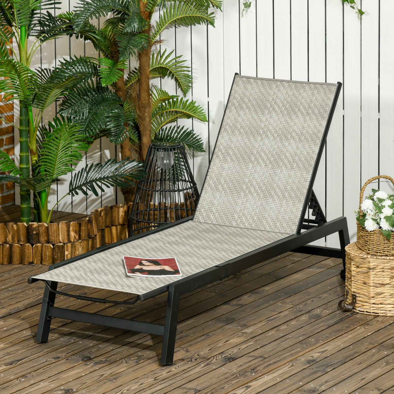 Rattan Sun Lounger, with Five-Position Back - Grey/Black