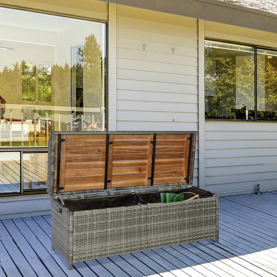 Patio Wicker Storage Bench Box, Outdoor Garden PE Rattan Pool Storage Deck Bin Box w/ Natural Wood Top, Lid, Ideal for Storing Tools, Accessories and Toys, Mixed Grey