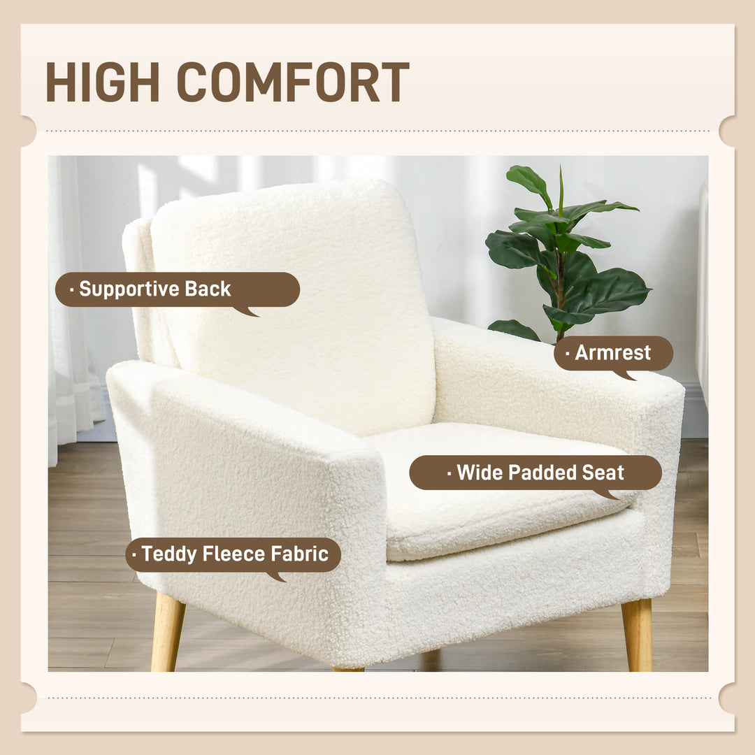 Armchair, Upholstered Accent Chair with Wood Legs and Wide Padded Seat, Teddy Occasional Chair, Cream White